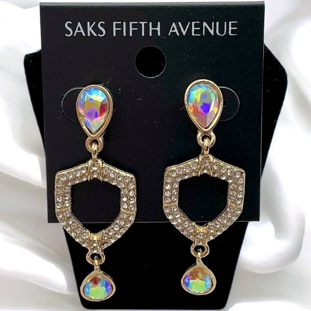 Saks Fifth Avenue Gold Plated, Aurora, & Clear Teardrop, Jewelry Earrings - Picture 2 of 4